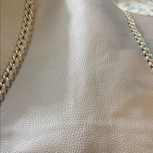 Chic Taupe Leather Shoulder Bag with Gold Chain